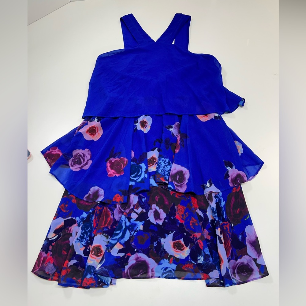 Badgley Mischka Popover Ruffle Mini Dress Blue Floral Size 2 Sleeveless Sundress - Picture 2 of 14